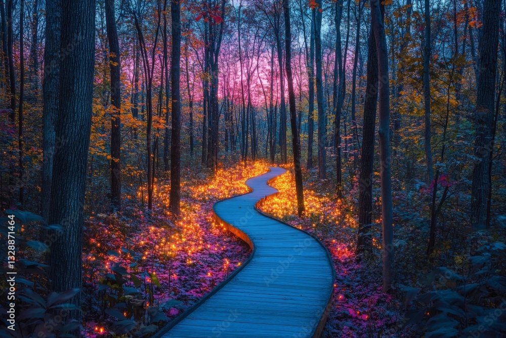 Poster winding wooden path through a vibrant autumn forest at dusk with glowing lights and colorful foliage