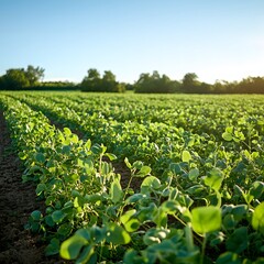 A vibrant farm field full of legumes growing under a clear blue sky
