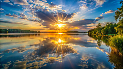 A serene of lake view with a large hanging sun in the sky, scene depicts, casting a beautiful reflection on the water's surface background.