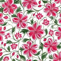 Obraz premium Elegant floral pattern with vibrant pink blossoms and green leaves on a white background