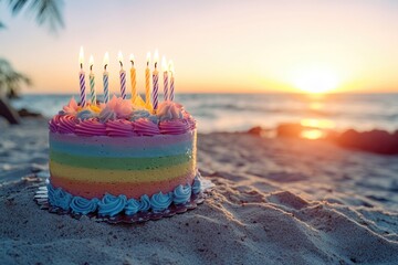 A colorful beach-themed birthday cake with lit candles, perfect for summer celebrations or coastal events