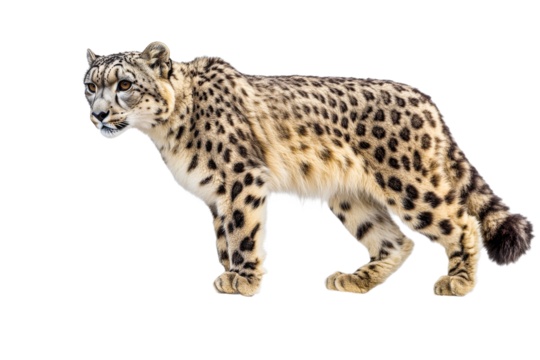 Snow leopard walking on transparent background