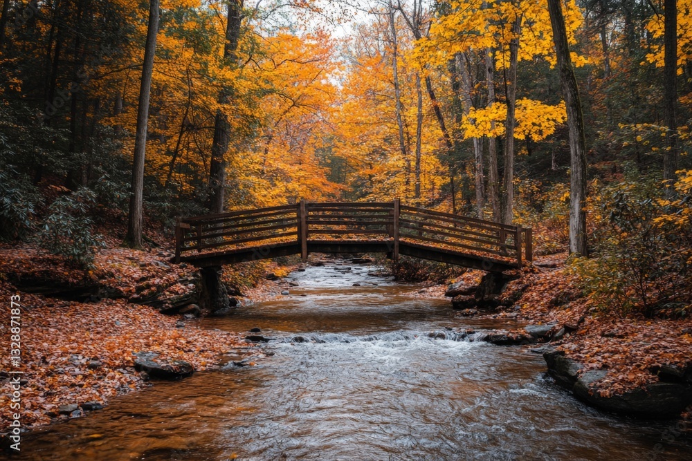 Poster scenic wooden bridge over a tranquil stream with autumn foliage in a forest setting