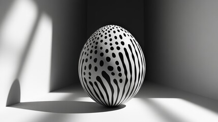 Intricate black and white easter egg design with abstract patterns for festive decoration