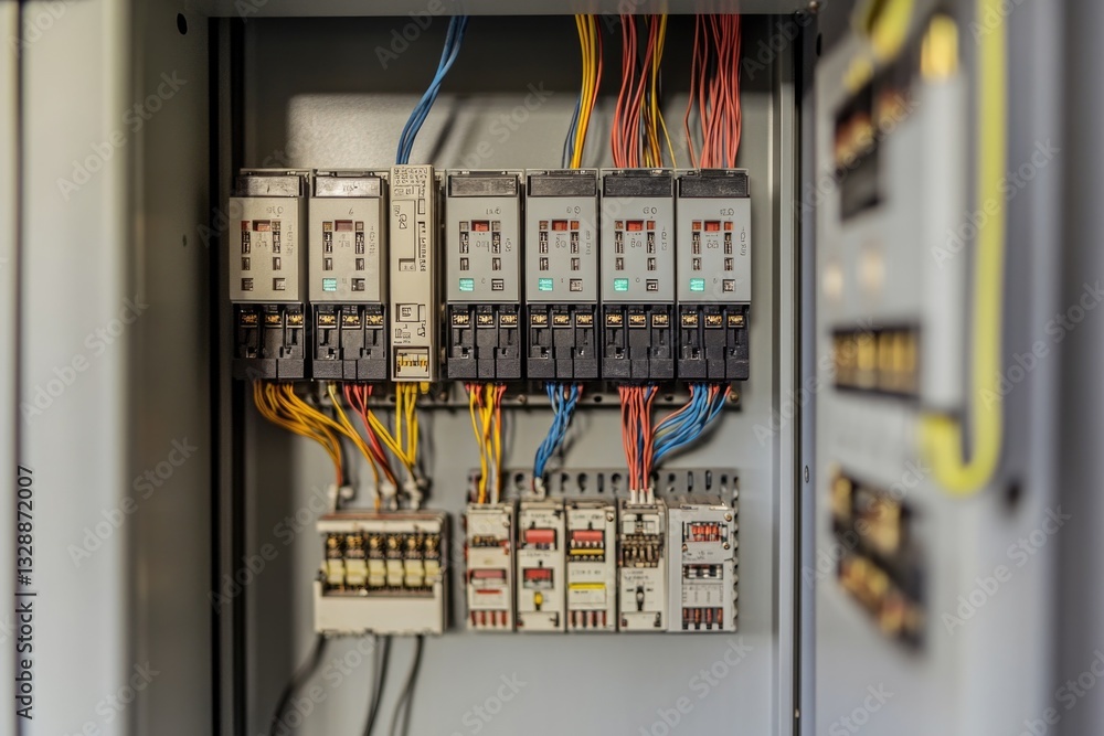 Poster Close-up of an electrical panel with wires and components, suitable for use in technical or educational contexts