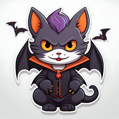 Fototapeta premium cartoon A vampire cat with tiny fangs and a bat sidekick. sticker vector. on an empty white background