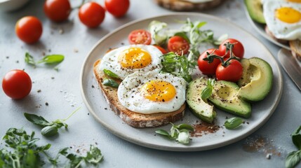 A delicious breakfast spread featuring toasted bread, avocado slices, poached eggs, and cherry tomatoes, arranged beautifully on a clean, modern kitchen counter.