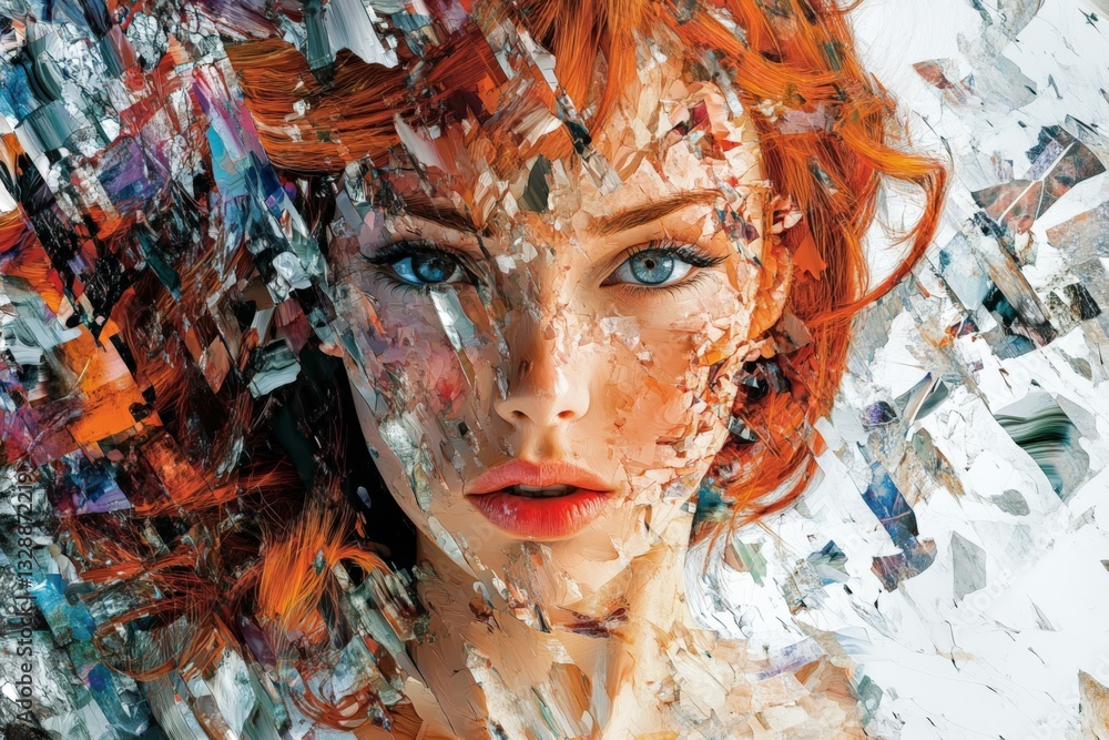 Poster artistic representation of a woman's face composed of fragmented colors and textures in a modern sty