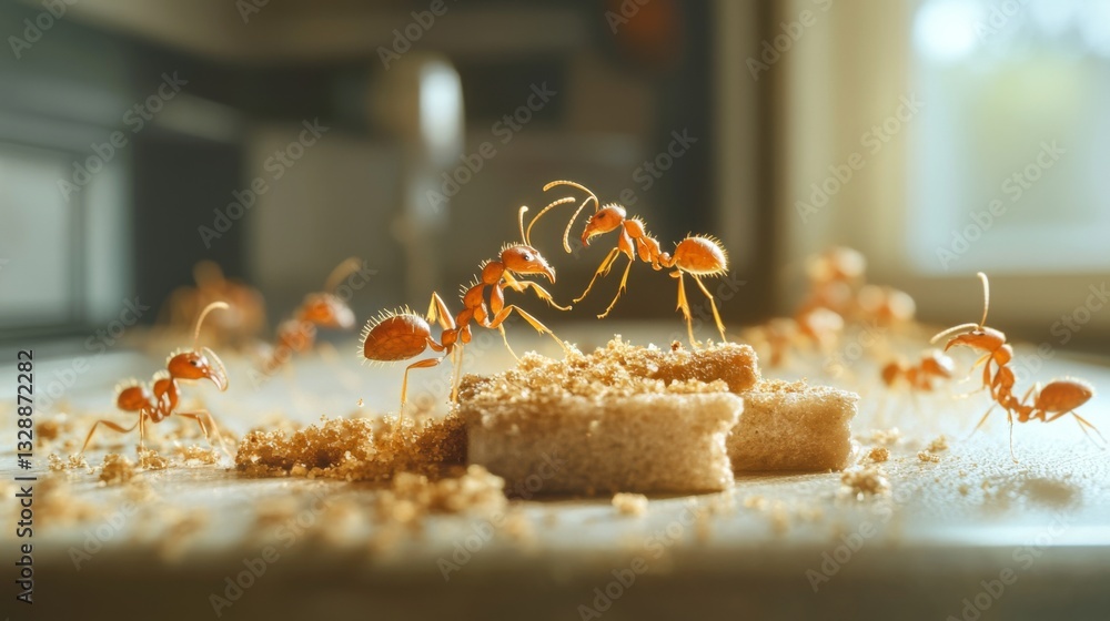 Poster A detailed image of ants crawling on a crumb of food on a kitchen counter, capturing their movement and interaction with the environment.