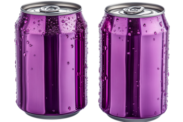 Purple cans with droplets on a clear background