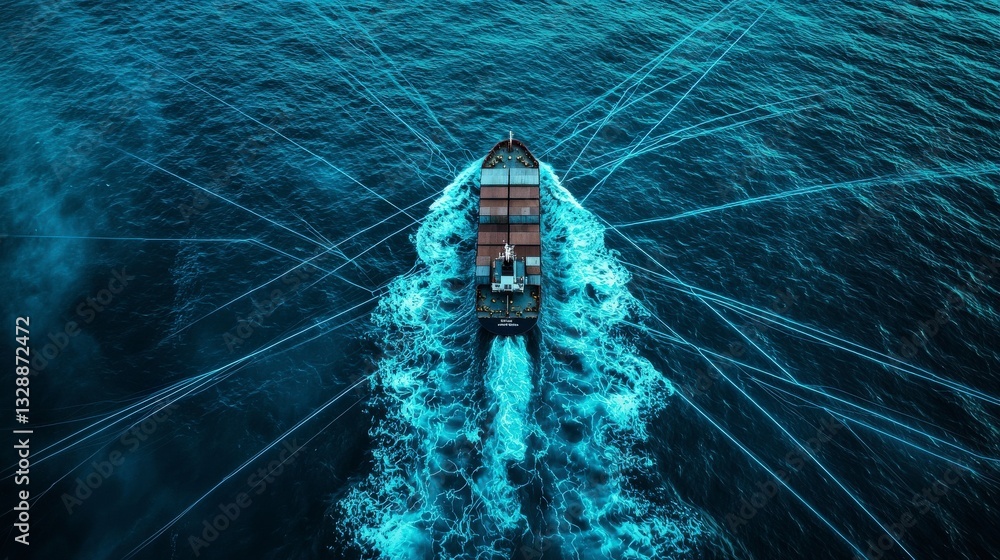 Poster symmetrical top view of ship with tech connections