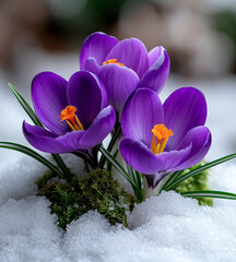 beautiful crocuses growing through snow, against a white background, with purple flowers and green leaves