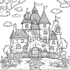 Obraz premium Enchanting castle coloring page for creative minds seeking fun and imagination in a whimsical fantasy landscape