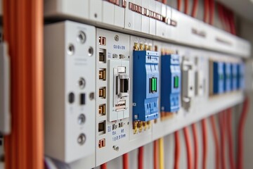 A close-up shot of an electrical panel with wires and components