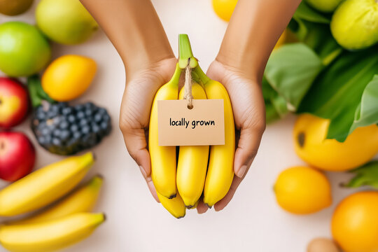 Hands hold ripe bananas with a locally grown label amid an array of fresh fruits including apples, lemons, and blueberries, showcasing local produce and healthy choices in a lively environment