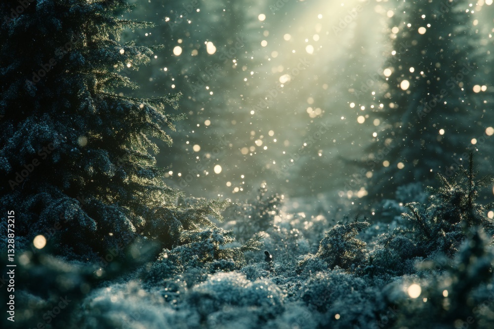 Poster soft sunlight filters through snowy trees creating a magical winter atmosphere in a serene forest