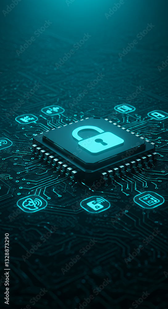 Poster cyber security chip: data protection, digital privacy, and secure technology. blue tech lock for net