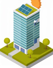 Isometric vector illustration of a modern solar powered building icon