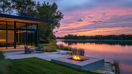 Fototapeta premium A tranquil lakeside retreat showcases a modern design with large windows, a fire pit, and lush greenery as the sun sets. The vibrant colors reflect beautifully on the water