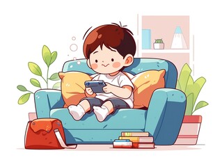 Child Playing Video Game on Sofa  Home Relaxation  Cute Cartoon