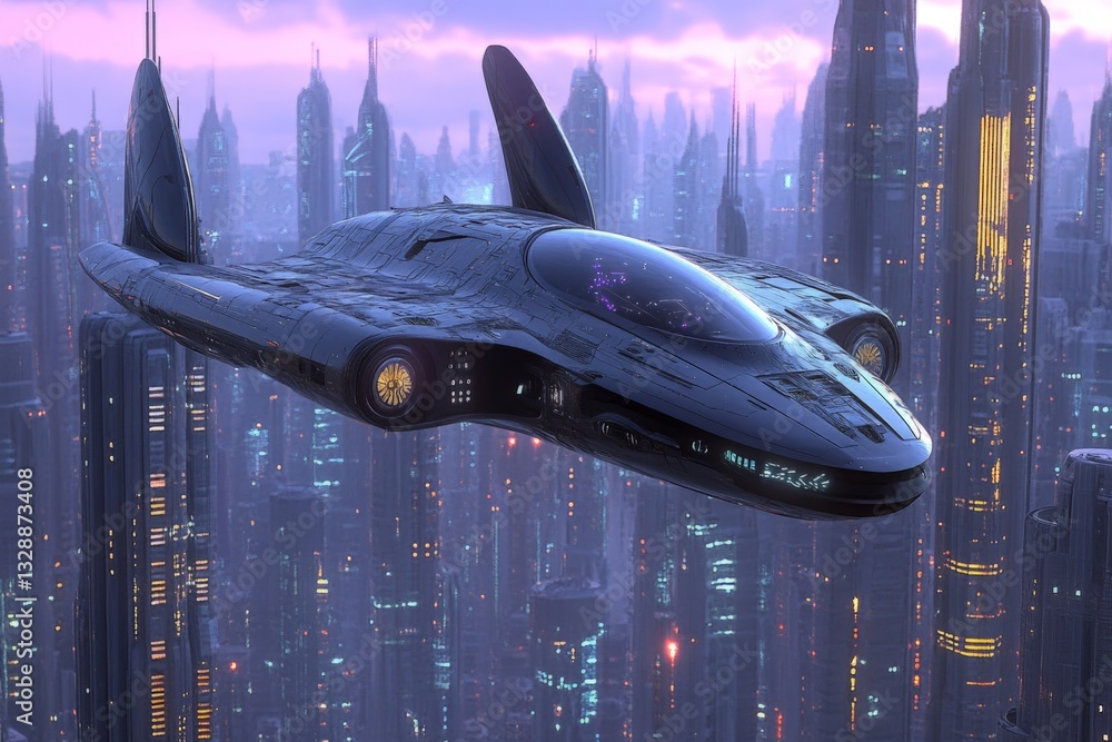 Poster futuristic spacecraft soaring above a vibrant cityscape at twilight with towering skyscrapers and gl