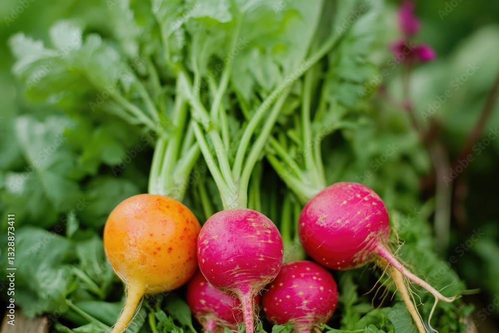 Poster a group of radishes arranged on a table, ready for use