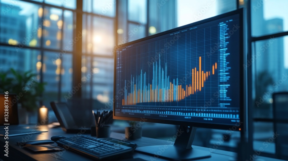 Poster a dynamic shot of a d financial bar chart displayed on a large monitor, showing interactive columns 