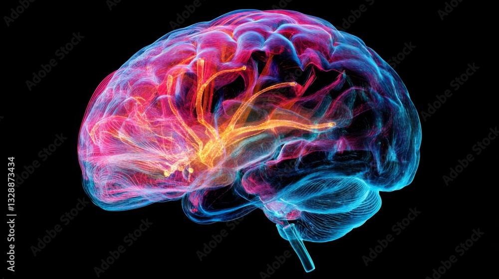 Aufkleber a dynamic shot of a brain illustration with neon-like highlights, representing different functional 