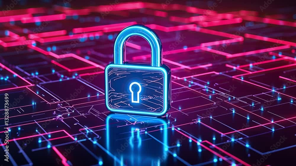 Poster digital lock glowing symbol of cybersecurity and data protection in neon technology against circuit 