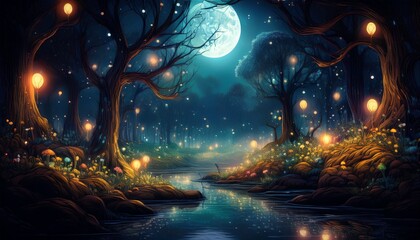 Enchanted forest glowing under a full moon, with tiny magical lights dancing in the air, creating a mystical and captivating atmosphere