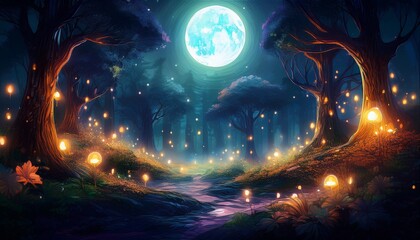 Obraz premium Enchanted forest glowing under a full moon, with tiny magical lights dancing in the air, creating a mystical and captivating atmosphere