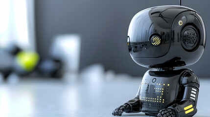 A Shiny Black Robot Sitting With Yellow Illumination Details