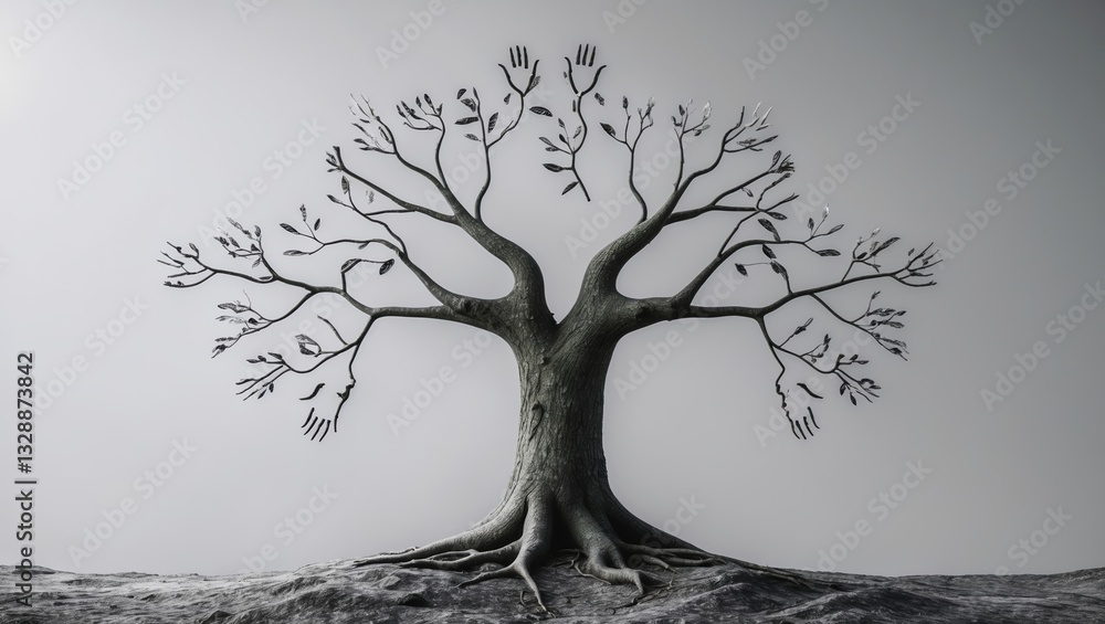 Poster Artistic representation of a tree with handprints symbolizing life and connection in a minimalist black and white setting