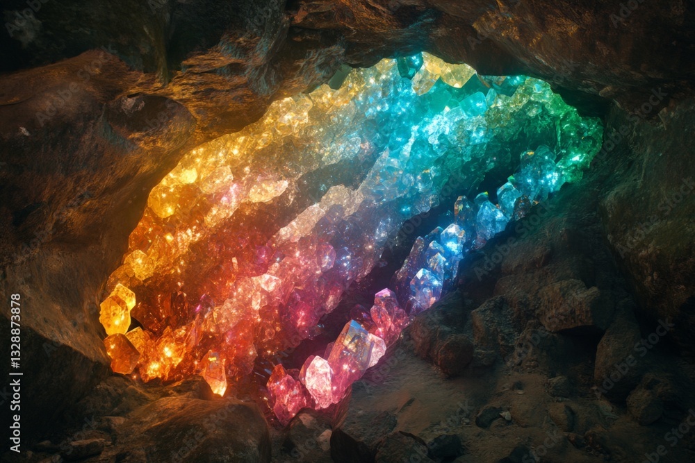 Poster colorful crystals glowing in a dark cave create a magical and enchanting atmosphere