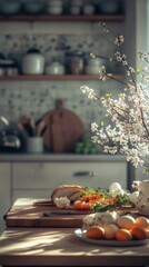 Fototapeta premium A simple still life scene featuring a wooden table and a vase filled with flowers, perfect for use in interior design or lifestyle photography