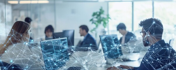 Modern office environment showing workers using computers and technology
