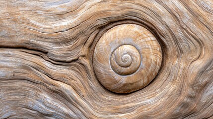 Detailed View of a Fossilized Shell Embedded in Weathered Wooden Texture
