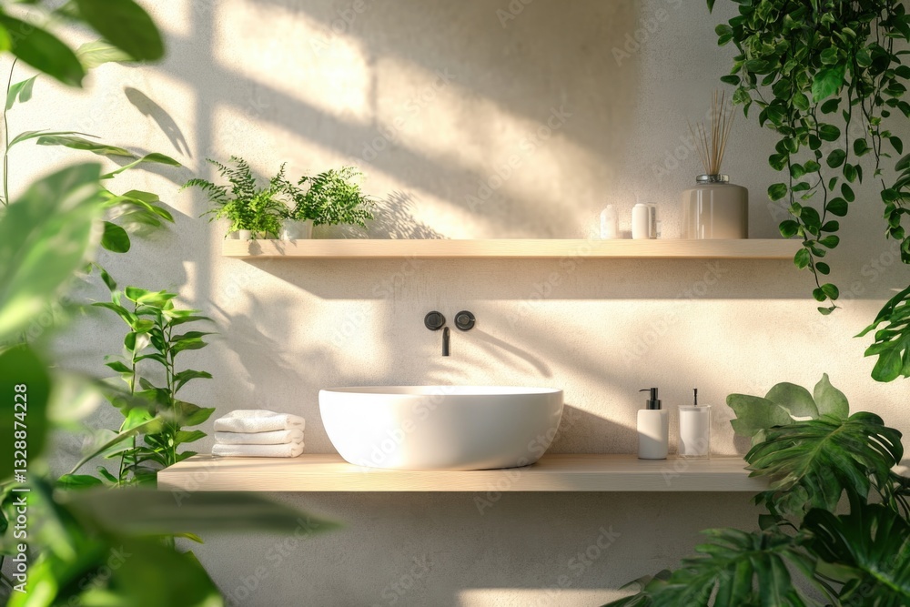 Poster a clean white sink sits atop a wooden shelf with a simple design