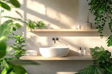 Fototapeta premium A clean white sink sits atop a wooden shelf with a simple design