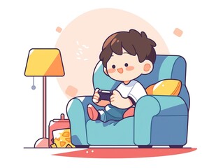 Boy Playing Video Games on Couch  Cartoon Illustration
