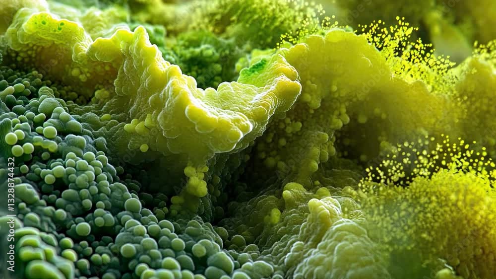 Poster vibrant abstract textures exploring organic green and yellow patterns with fluid depth and intricate