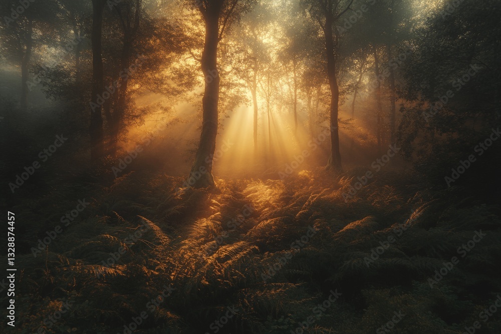 Aufkleber soft golden light filters through trees in a serene forest during early morning mist