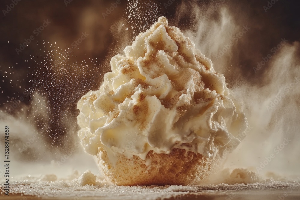 Aufkleber whipped cream and sugar dust create a delightful dessert centerpiece in a rustic kitchen setting