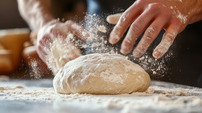 A dynamic shot of bread dough being kneaded on a floured countertop, with a focus on the texture and process of making fresh bread loaves from scratch.