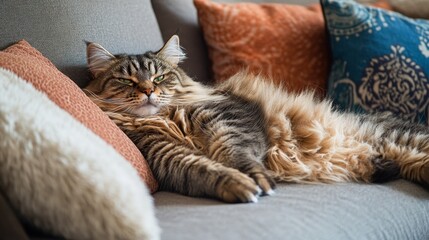 A fluffy overweight cat sprawled out on a cozy sofa, surrounded by plush pillows, looking relaxed and content.