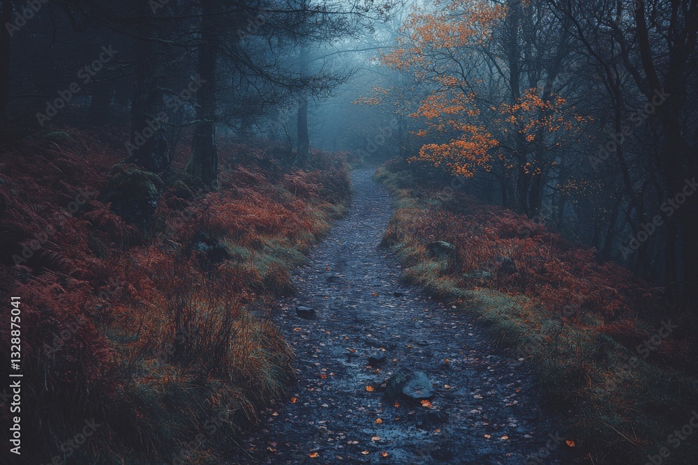 Poster Mysterious forest path enveloped in fog with autumn leaves scattered on the ground during late afternoon