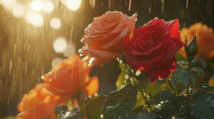A high-angle shot of red and orange roses in a garden after the rain, the water droplets on the petals reflecting the natural light.