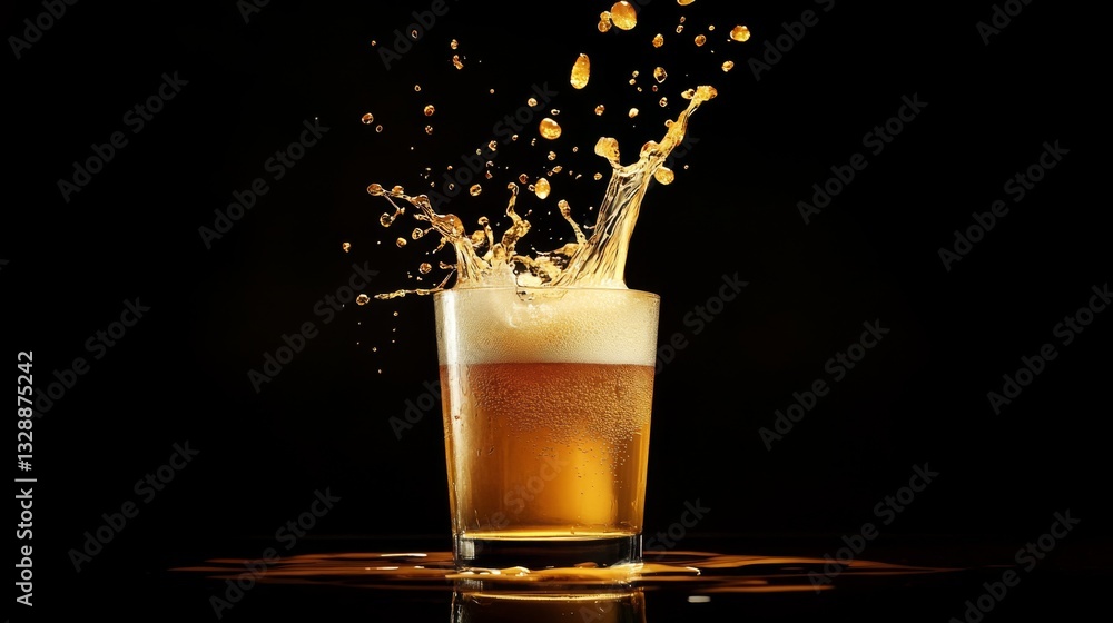 Poster A high-quality image of a beer glass with a splash of beer being poured, creating dynamic movement and emphasizing the refreshing quality of the drink.