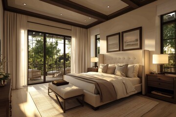 Elegant bedroom design featuring natural light and serene outdoor view in a modern home