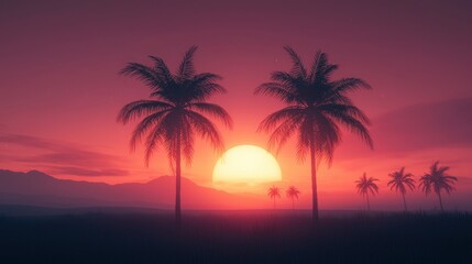 Majestic tropical sunset with silhouettes of palm trees against an orange and purple sky, tranquil landscape with mountains in the background